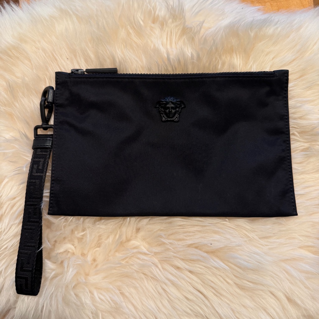Versace Black Nylon Medusa Pouch Bag With Detachable Wrist Strap